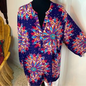PAPPAGALLO Woman Tunic Blue Top! Plus size 3/4 Sleeve Colorful Woven Blouse! 3X